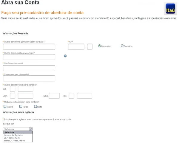 pre cadastro online de abertura conta itau