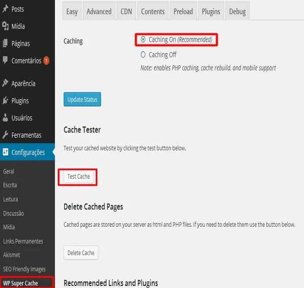 wp super cache configuracao