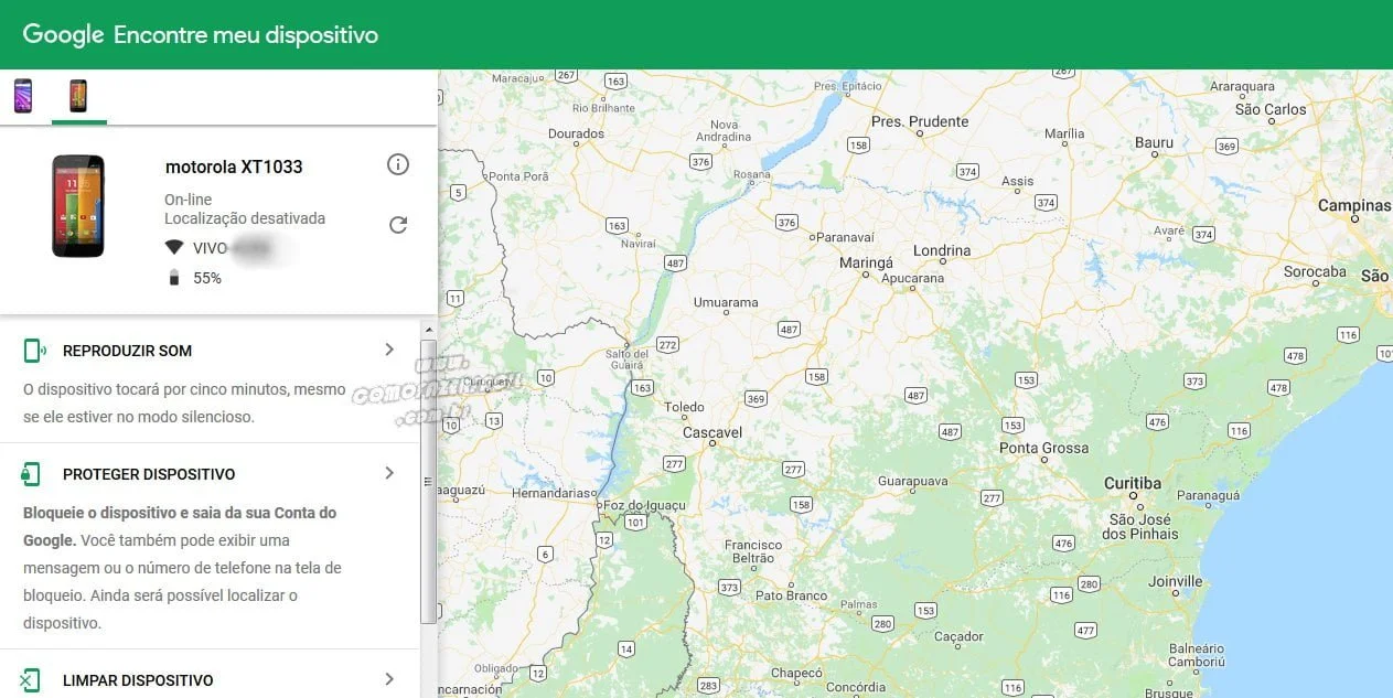 pagina de localizacao dispositivo google android