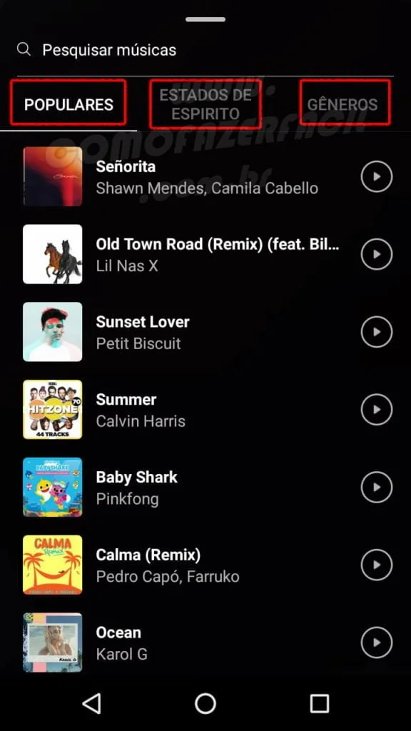 escolhendo musica instagram pesquisa