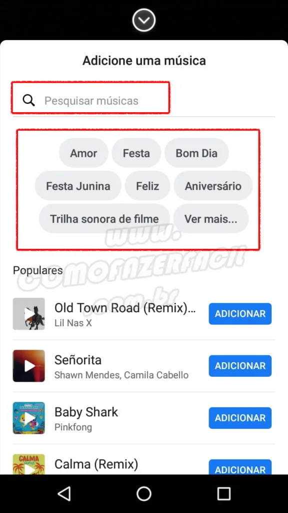 escolhendo pesquisando musica stories facebook
