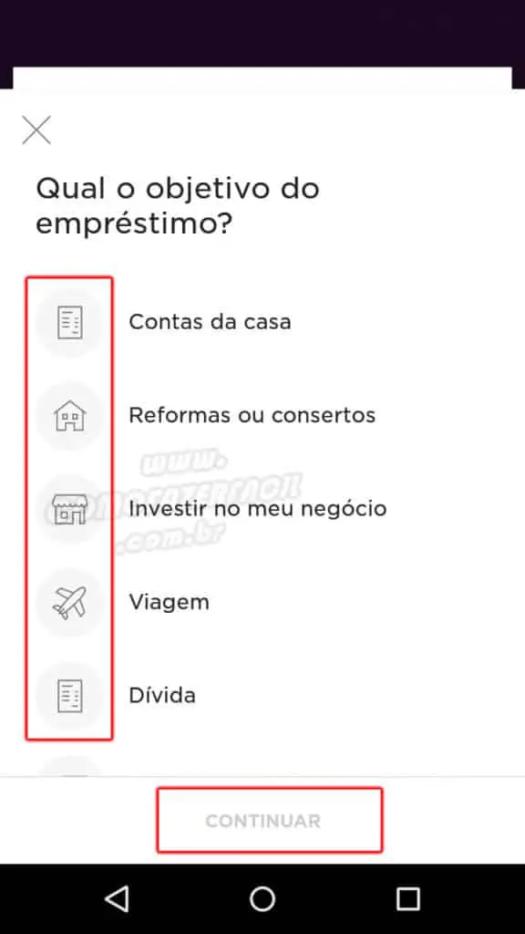 selecionando objetivo emprestimo pessoal nubank