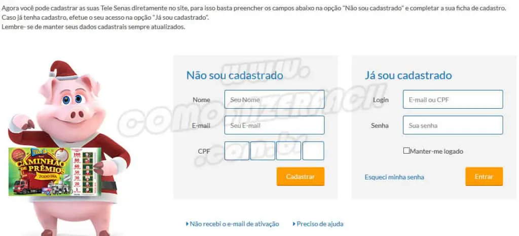 Fazendo o cadastro no site da tele sena para comprar a versão digital sem sair de casa.
