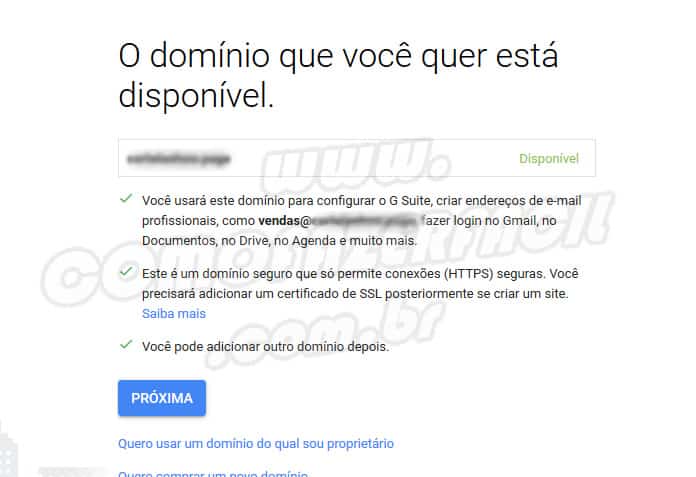 Insira seu domínio (URL) para poder se cadastrar no Gsuite Gmail.