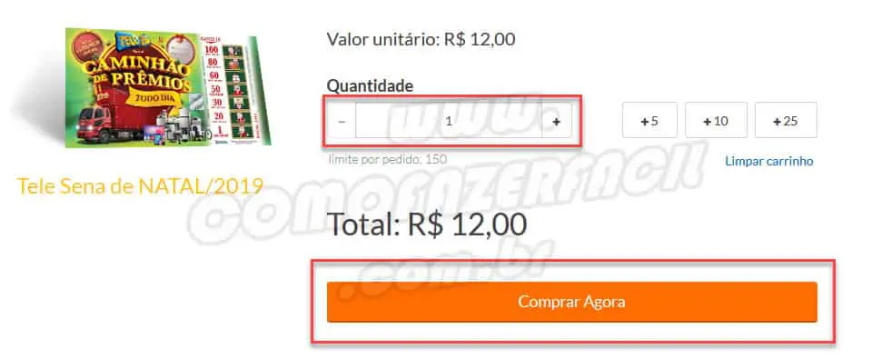 Escolhendo a quantidade de tele sena digital para comprar. É possível comprar até 150 tele senas em uma única compra.