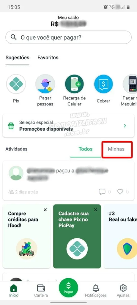menu inicial picpay devolucao pagamentos