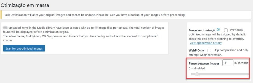 Configurando os detalhes da otimização em massa de imagens do site para WebP.