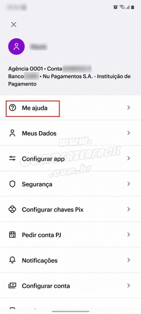 acessando menu ajuda para cancelar cartão credito nubank