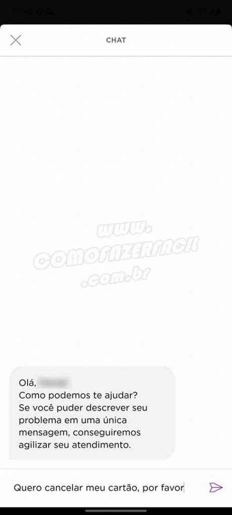 mandando mensagem no chat do nubank para cancelar o cartão
