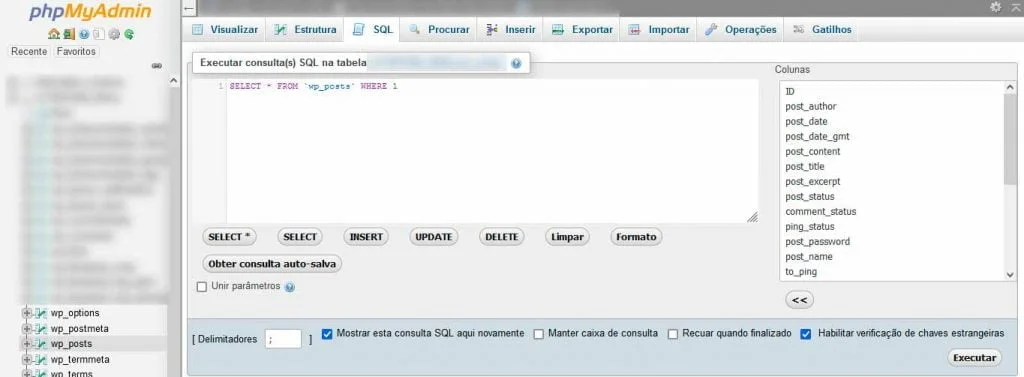 mudanças no wp posts do php admin banco de dados sql