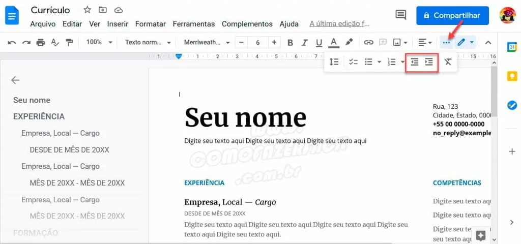 abrindo menu para ajustar recuo de paragrafo no google docs