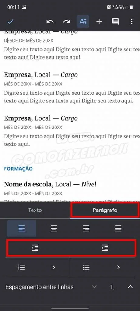 ajustando recuo de paragrafo no aplicativo smartphone do google docs