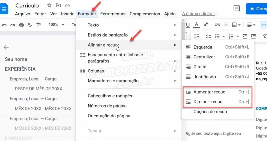 aumentando e diminuindo recuo de paragrafo google docs por menu formatar