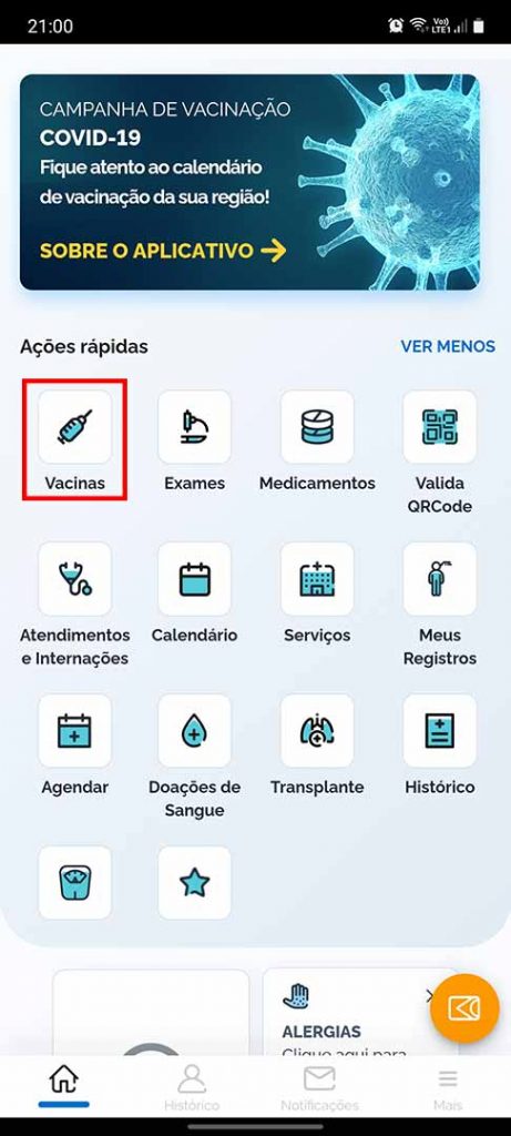 clicando no icone vacina do aplicativo conecte sus