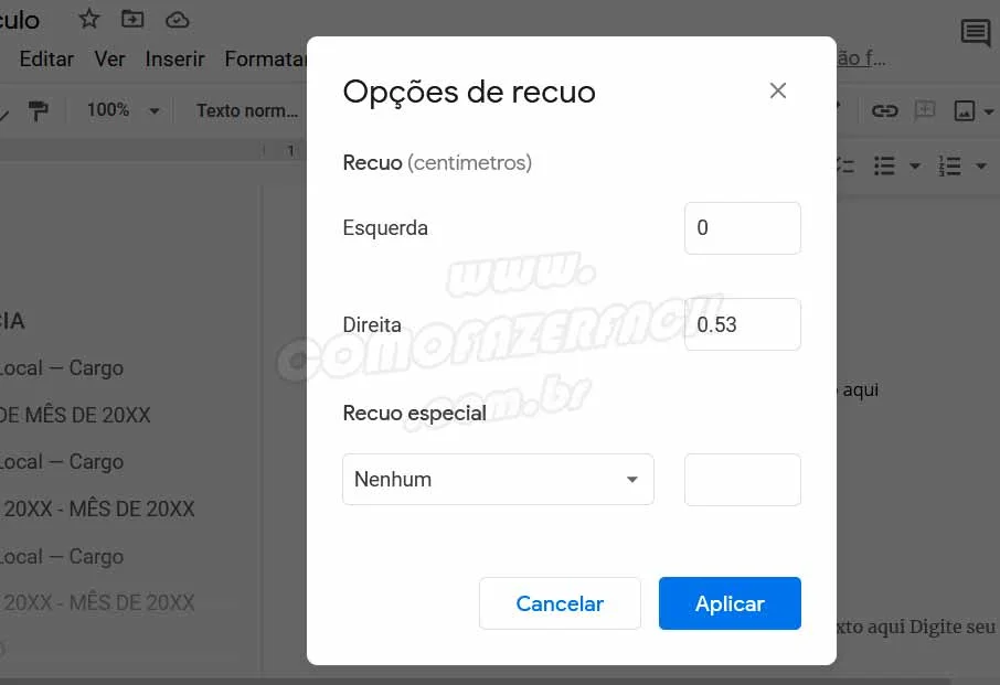 configurando opcoes de recuo atraves do menu formatar
