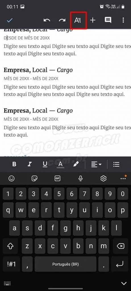 configurando recuo de paragrafo do google docs no aplicativo para celular