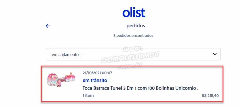 Clicando sobre o pedido para rastrear na olist