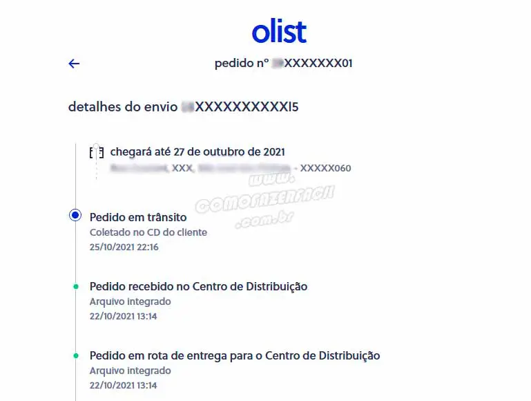 Informações de rastreio do pedido entregue pela olist transportadora