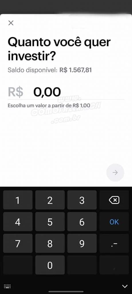 inserindo valor de investimento no nubank