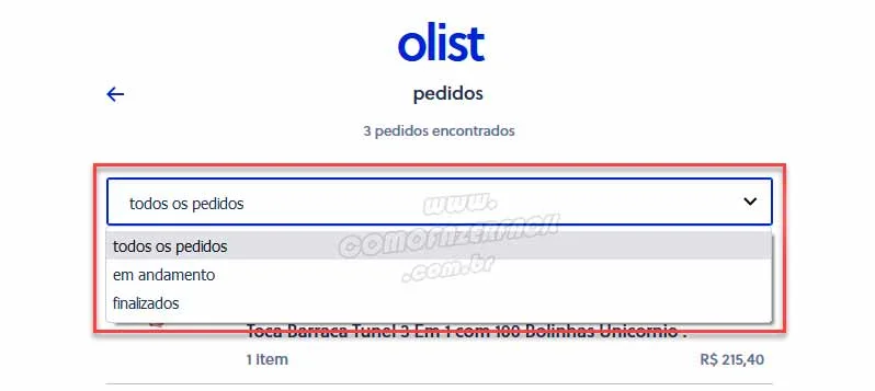 olist mudando filtro de rastreio das encomendas
