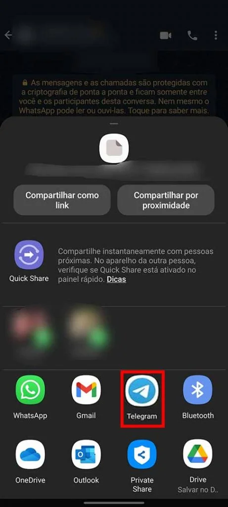 selecione o telegram na lista de aplicativos para exportar conversas do whatsapp