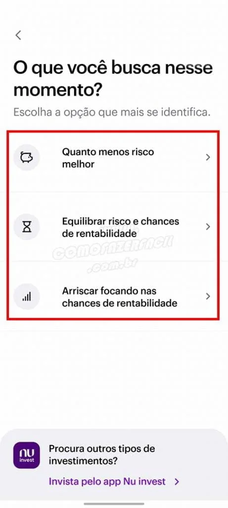 tipos de investimentos no aplicativo nubank