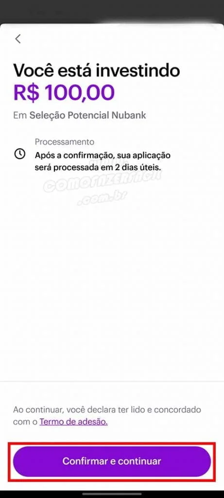 valor do investimento no aplicativo app Nubank