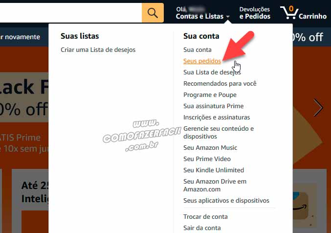 Acessando a área de pedidos no site da Amazon