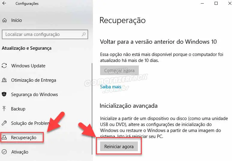 configurações para iniciar o win 10 em modo de segurança