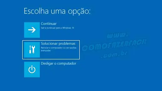 escolha uma opção e solucionar problemas para iniciar windows 10 em modo de segurança