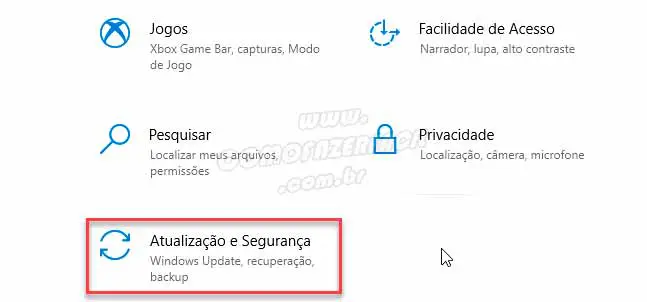 menu de atualização e segurança para acessar modo de segurança no windows 10