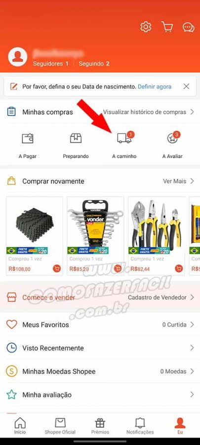 Rastreando pedidos da Shopee