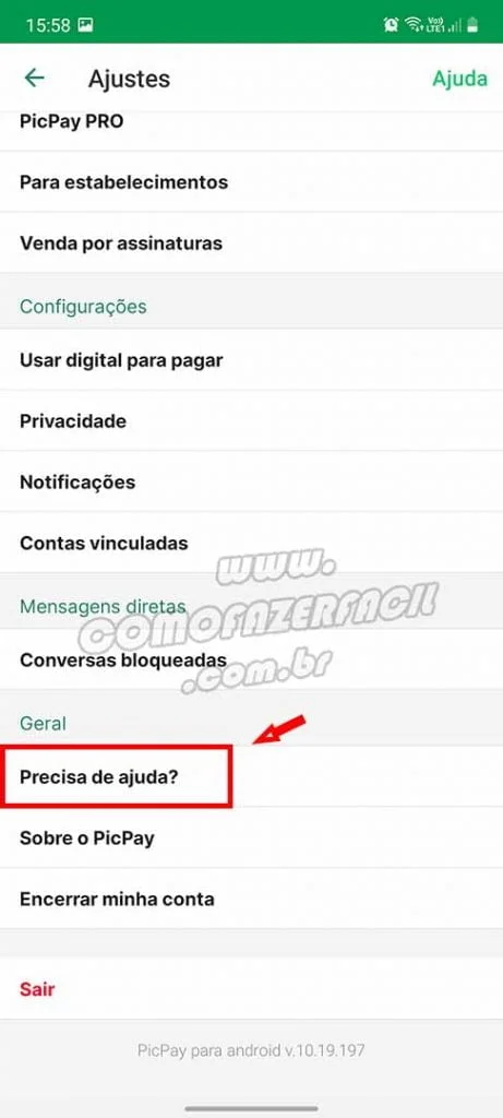 chat picpay entrando no menu de ajuda do aplicativo