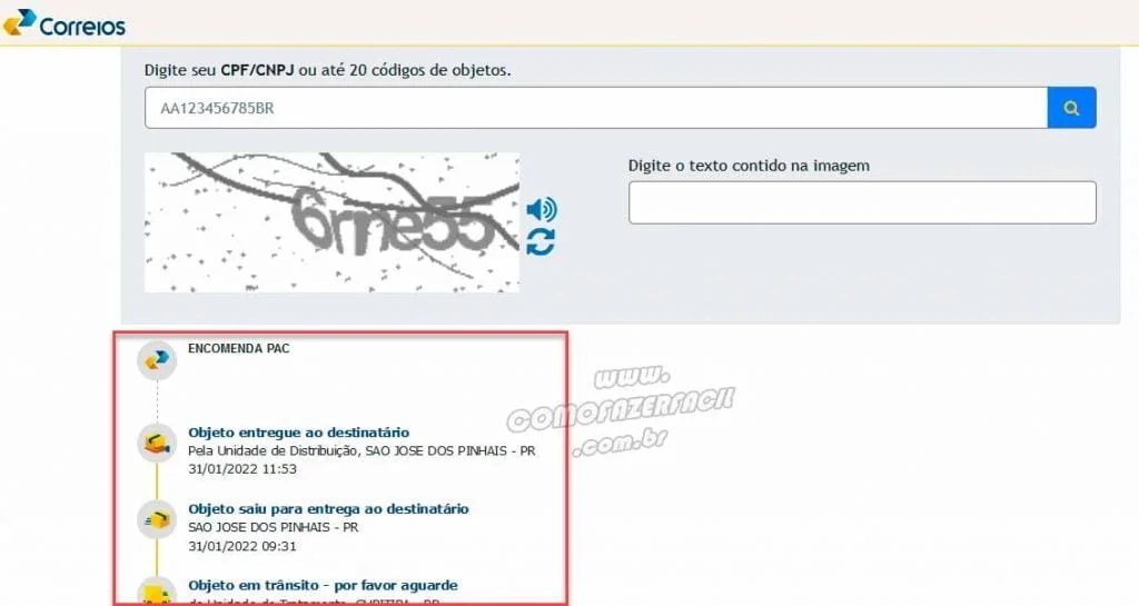 Resultado do rastreamento de objetos pelos Correios do jeito atualizado.