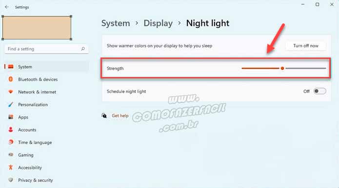 Aumentando a cor quente do modo noturno no Windows 11