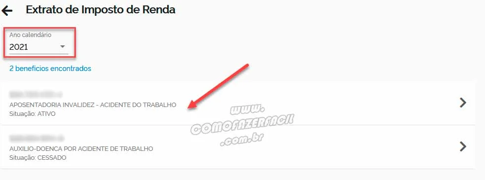 definindo o ano do extrato do imposto de renda no inss