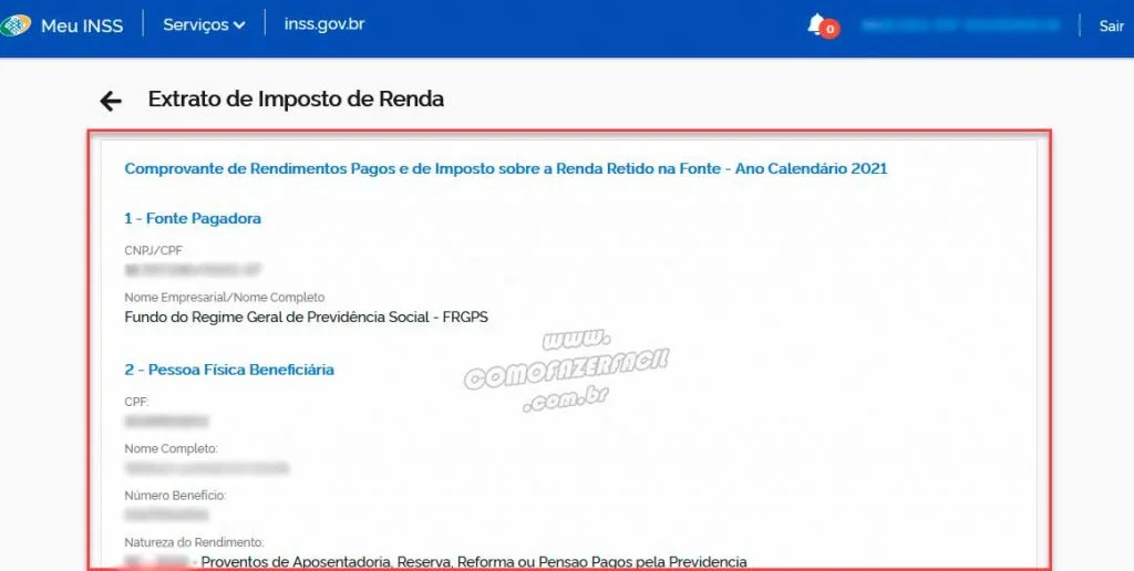informações do extrato do imposto de renda ir no portal do meu inss