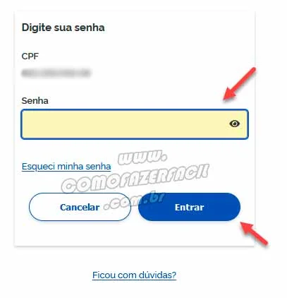 inserindo senha de login para consultar declaracao de rendimentos do INSS
