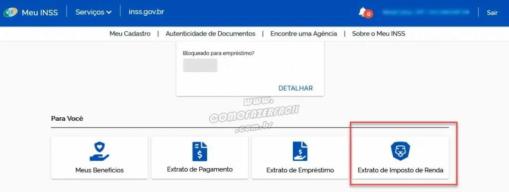 Selecionando o extrato do imposto de renda no portal do inss