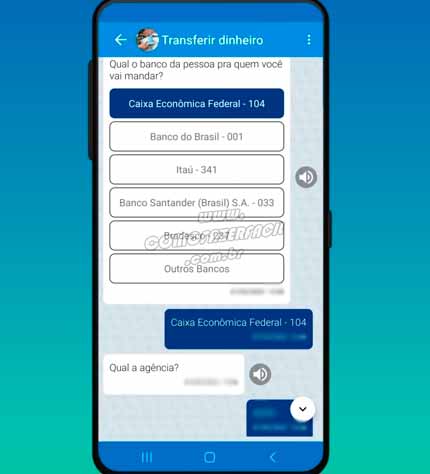 Escolhendo o banco que deseja fazer a transferência pelo app Caixa Tem.