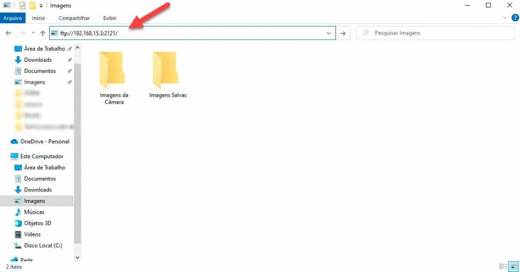 Abrindo pasta no computador para inserir ftp de transferência do celular.