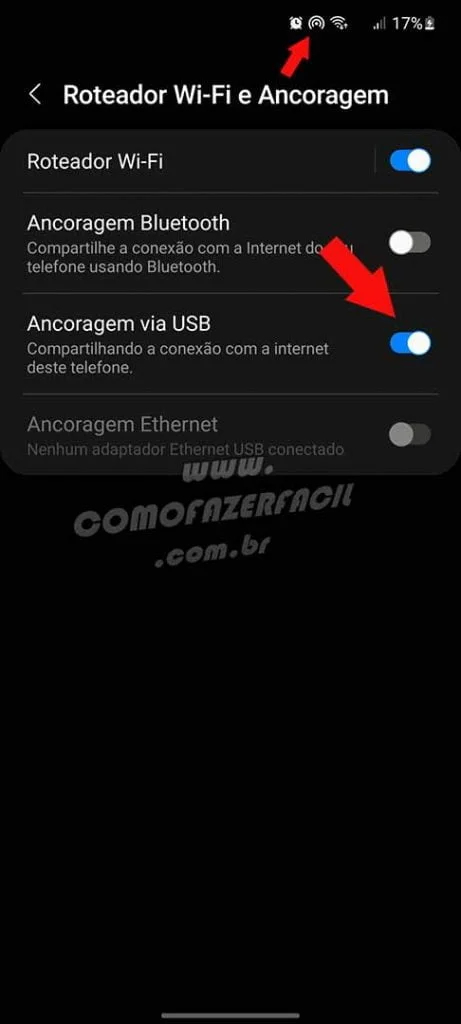 Ativando ancoragem via usb para transformar celular em placa wireless.
