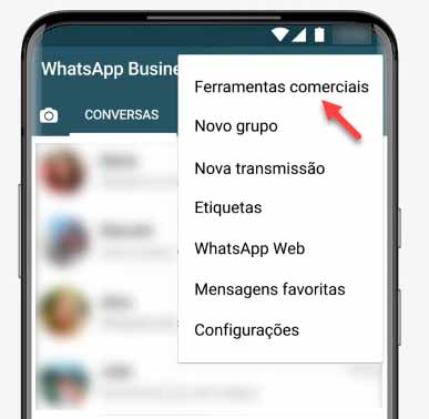 Acessando ferramentas comerciais no WhatsApp Business.