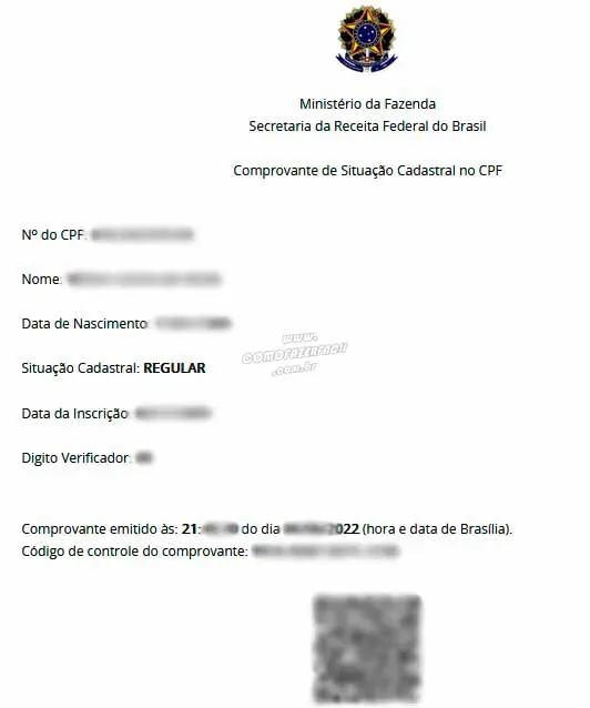 Comprovante do resultado da situação do CPF pela internet.