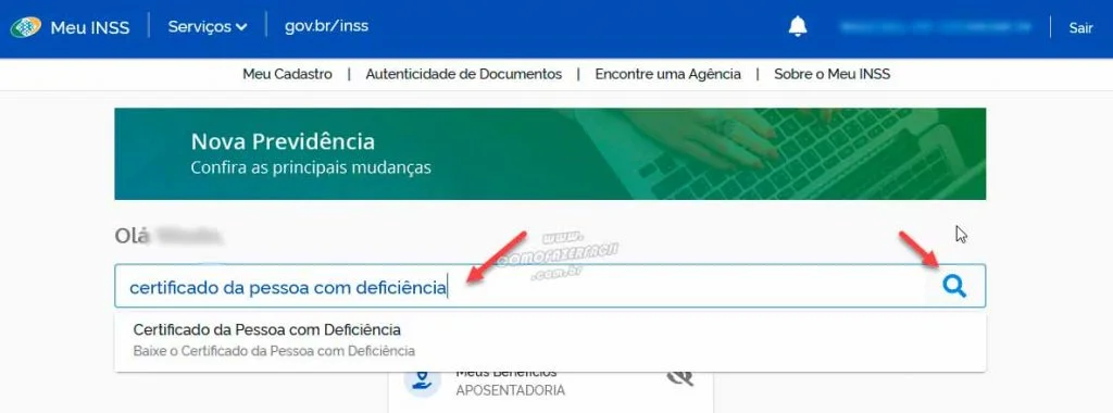 Procurando serviço do certificado de pessoa com deficiência no Meu INSS.