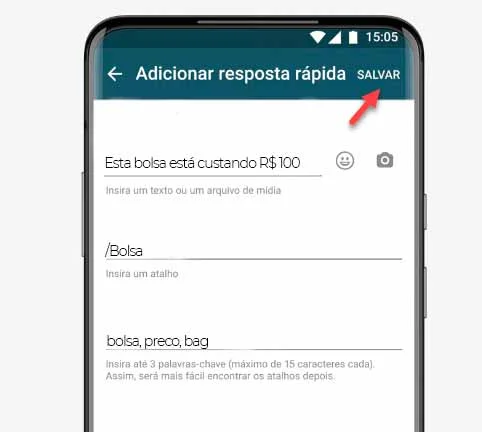 Salvar resposta automática rápida no app.