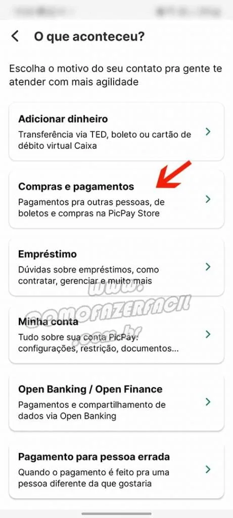 Solicitando reembolso de gift card no Picpay pela área de compras e pagamentos.