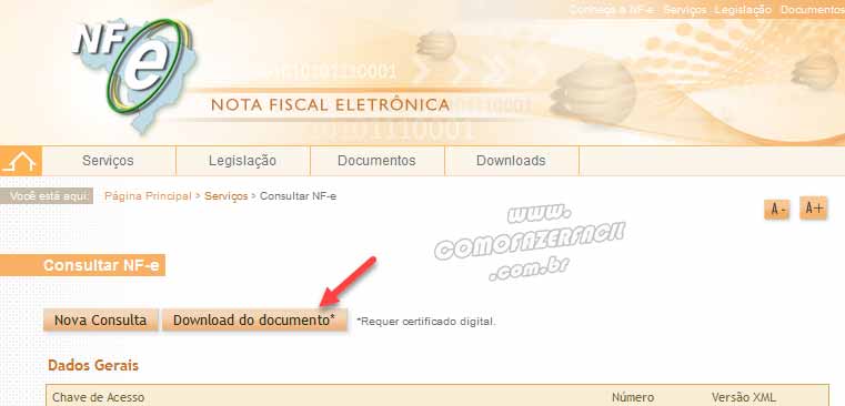 Download do documento da Nota Fiscal Eletrônica.