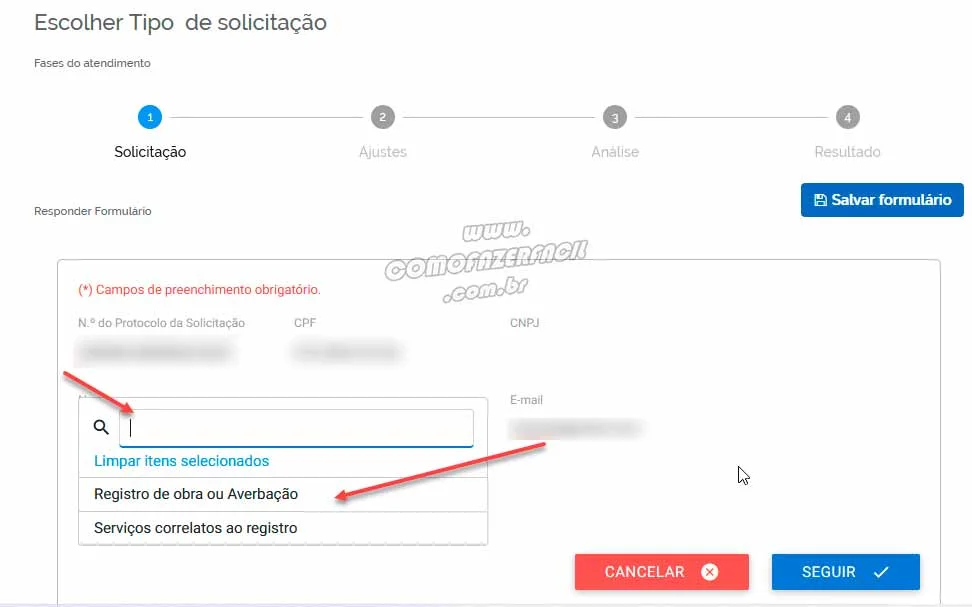 Clicando no serviço de registro de obra ou averbação.