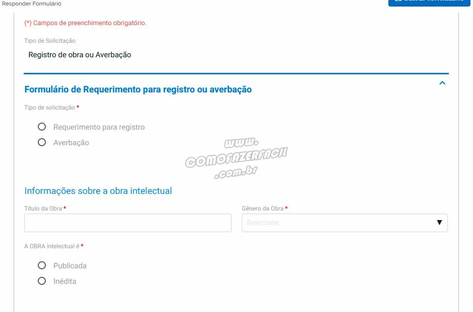 Formulário de registro de músicas e outras obras intelectuais online.